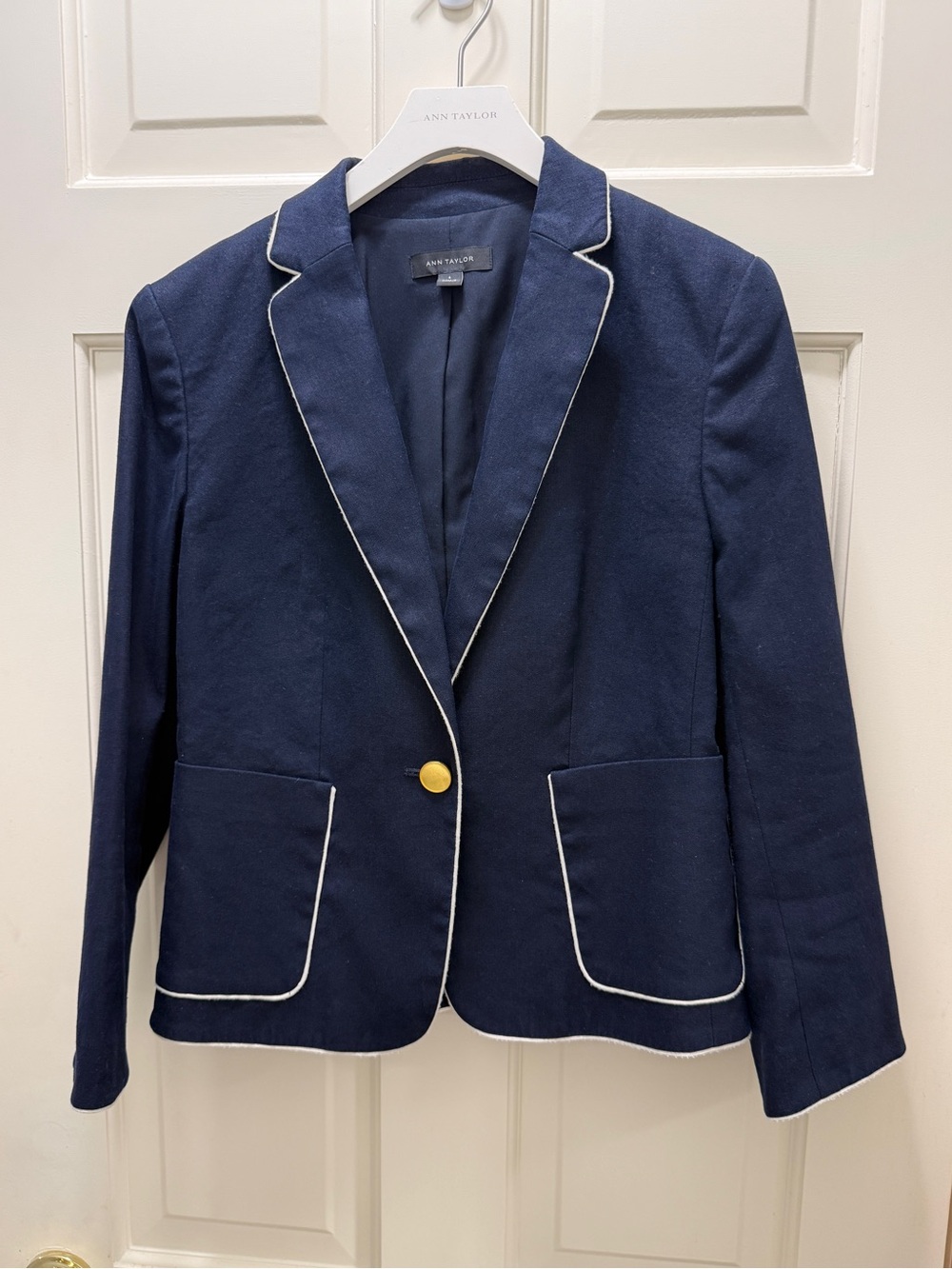 Ann Taylor Navy Blazer with White Piping and Gold Button
